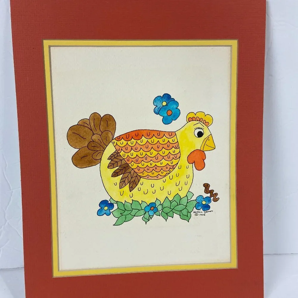 NEW Vintage 1983s Artist Alexis James Watercolor Print  Hen